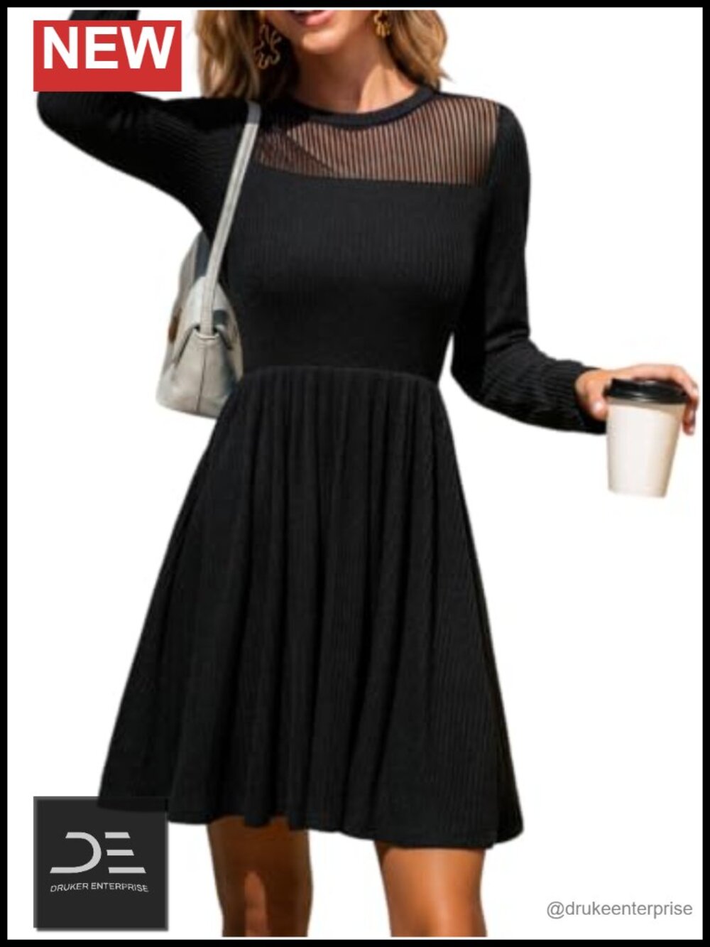 Ribbed Knit Mesh Panel Mini Dress Long Sleeve